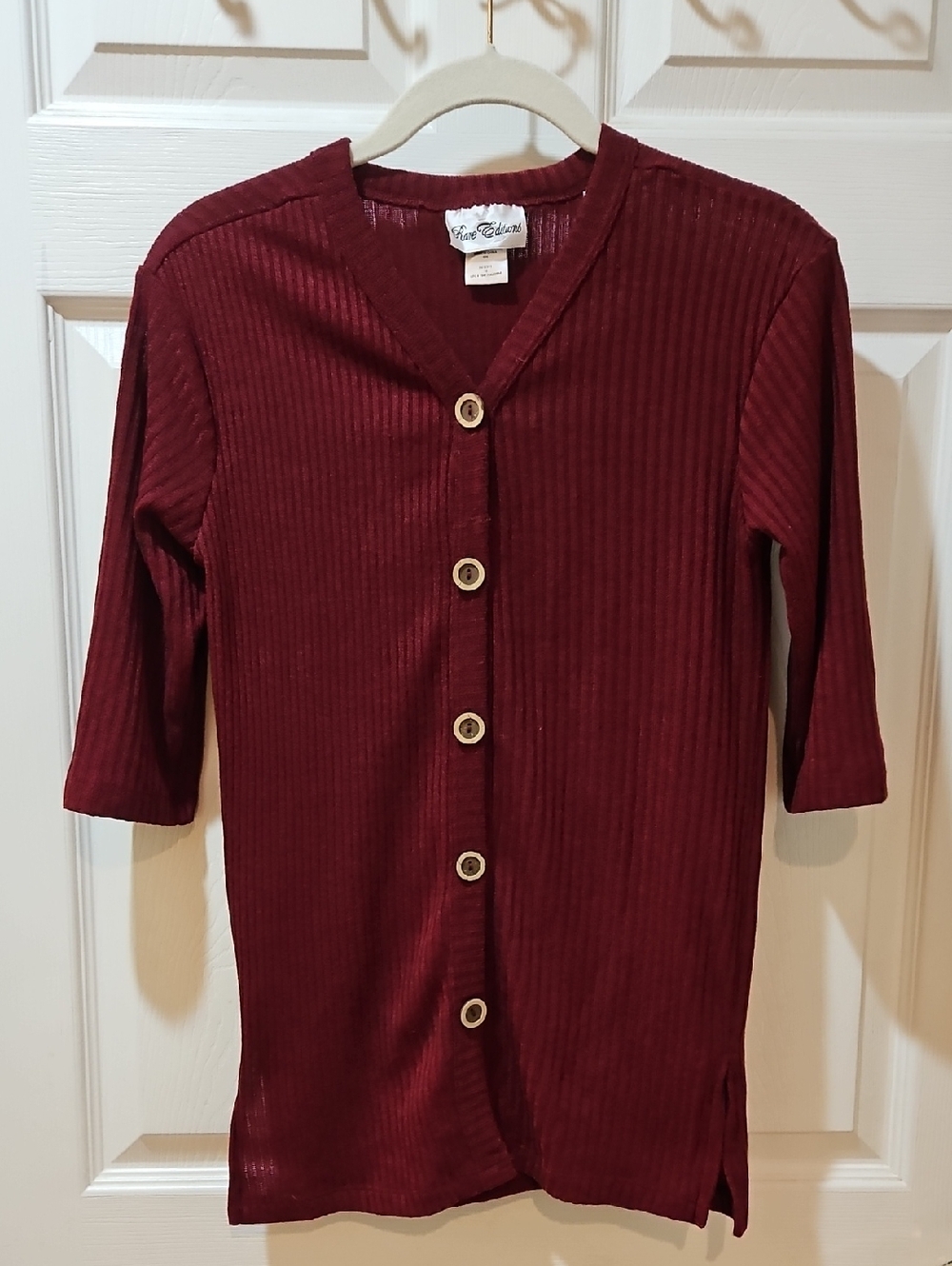 Rare Editions Ribbed Button-Front Cardigan in Burgundy Size 10